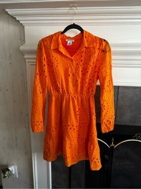 Bright Orange Eyelet Long-Sleeve Collared Dress
